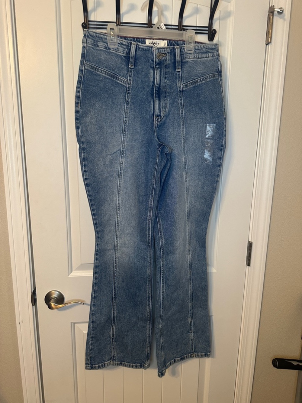Edgely High-Rise Flare midwash blue Denim Jeans for Women front seam faux pocket